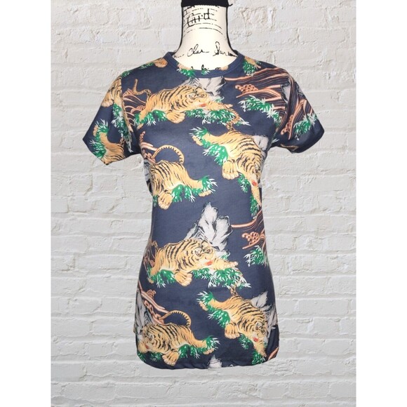 ASOS Tiger Print Open Back Shirt Womens 6 Blue Short Sleeve Double Tie Boho Edgy - Picture 2 of 5